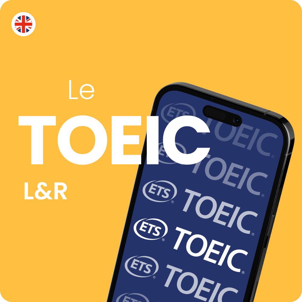 Visuel du produit TOEIC L&R avec un téléphone et des logos du TOEIC ETS