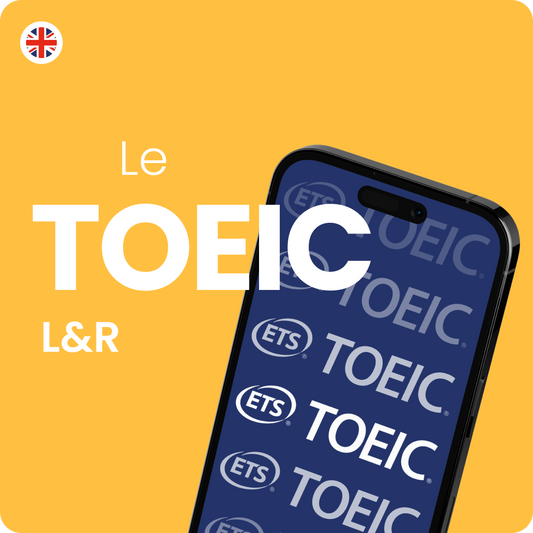 Visuel du produit TOEIC L&R avec un téléphone et des logos du TOEIC ETS